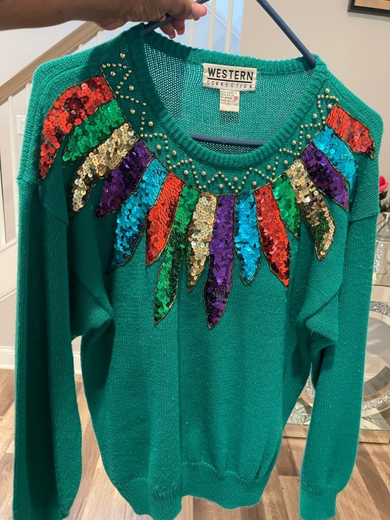 Western Connection Tops - Western Connection Teal Sequin Feather-Accent Sweater